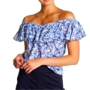 REBECCA TAYLOR | Aimee Off Shoulder Blue & White  Floral Top | 2